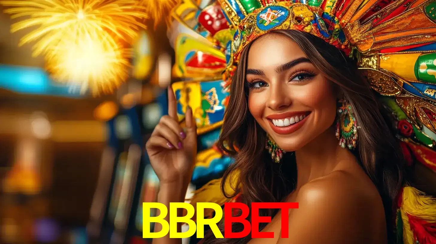 Mulher sorridente com um cocar de carnaval vibrante e colorido, celebrando uma grande vitória nos jogos do cassino BBRBET com fogos de artifício ao fundo.