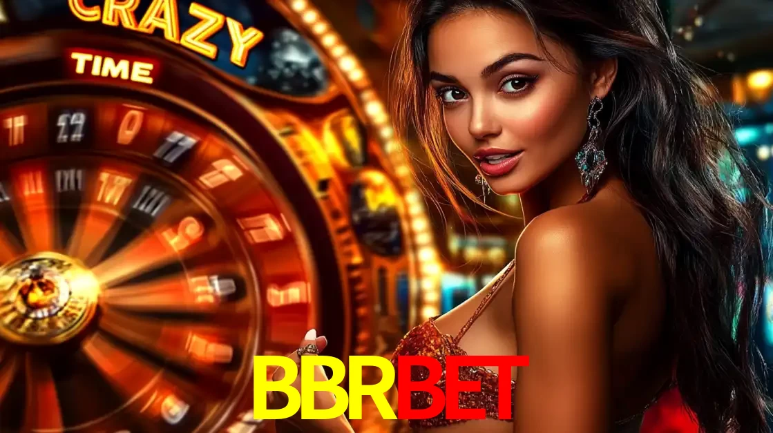 Mulher ao lado da roda de prêmios do jogo de cassino ao vivo Crazy Time, um dos shows de jogos mais emocionantes oferecidos pela plataforma de apostas BBRBET.