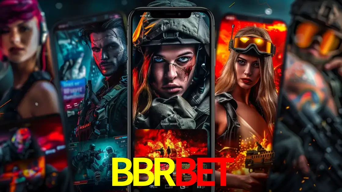 Montagem de telas de celular mostrando diversos personagens, masculinos e femininos, de um jogo de tiro, ilustrando a diversidade de equipes de e-sports para apostar no BBRBET.