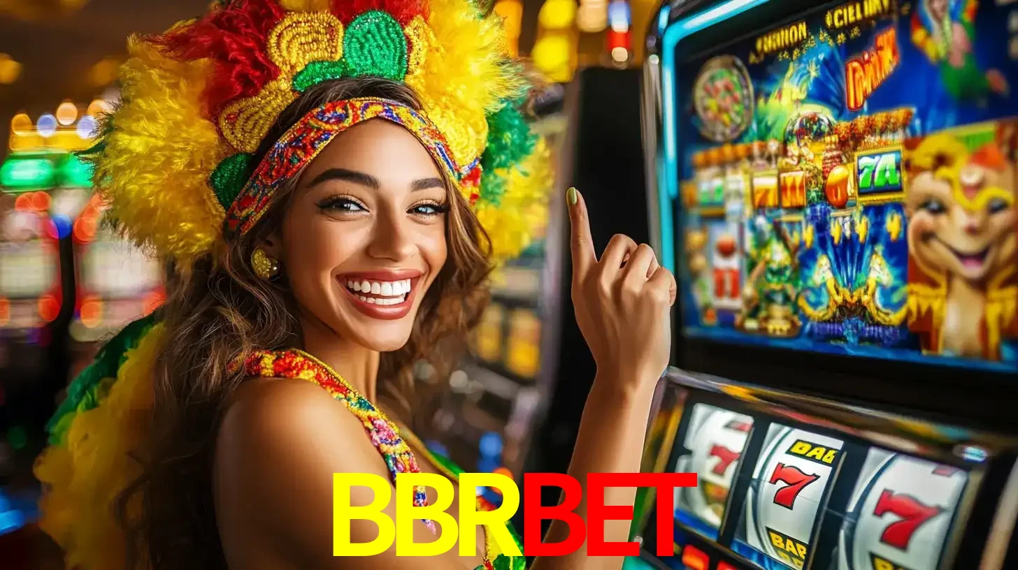 Mulher animada com um cocar de carnaval apontando para uma máquina de caça-níqueis, mostrando a emoção de ganhar um grande prêmio nos jogos do BBRBET.