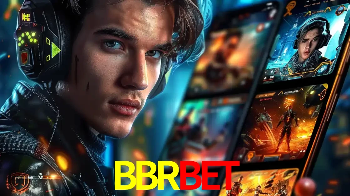 Jovem jogador com fones de ouvido olhando para a câmera, com um aplicativo de jogos e e-sports para celular ao fundo, pronto para a competição e apostas no BBRBET.