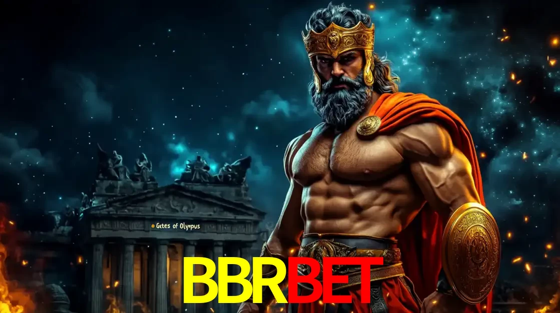 O poderoso Zeus do jogo de slot Gates of Olympus em frente ao seu templo, pronto para lançar multiplicadores divinos e prêmios épicos no cassino online BBRBET.