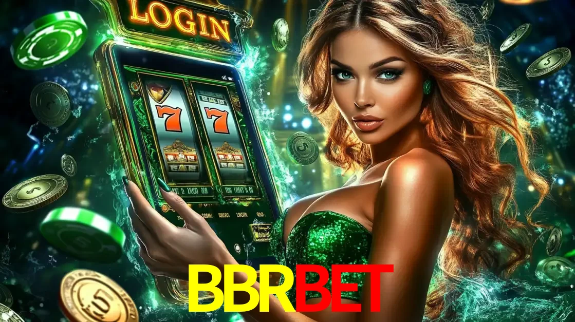 Mulher com tema verde apresentando o aplicativo do cassino BBRBET com um jogo de slot de 777, cercada por fichas de cassino e uma aura de sorte.