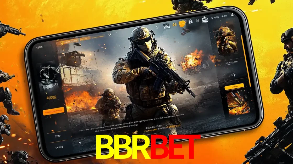 Um smartphone exibindo a interface de um jogo de tiro em primeira pessoa, com um soldado em um cenário de batalha, representando a ação dos e-sports para apostar no BBRBET.