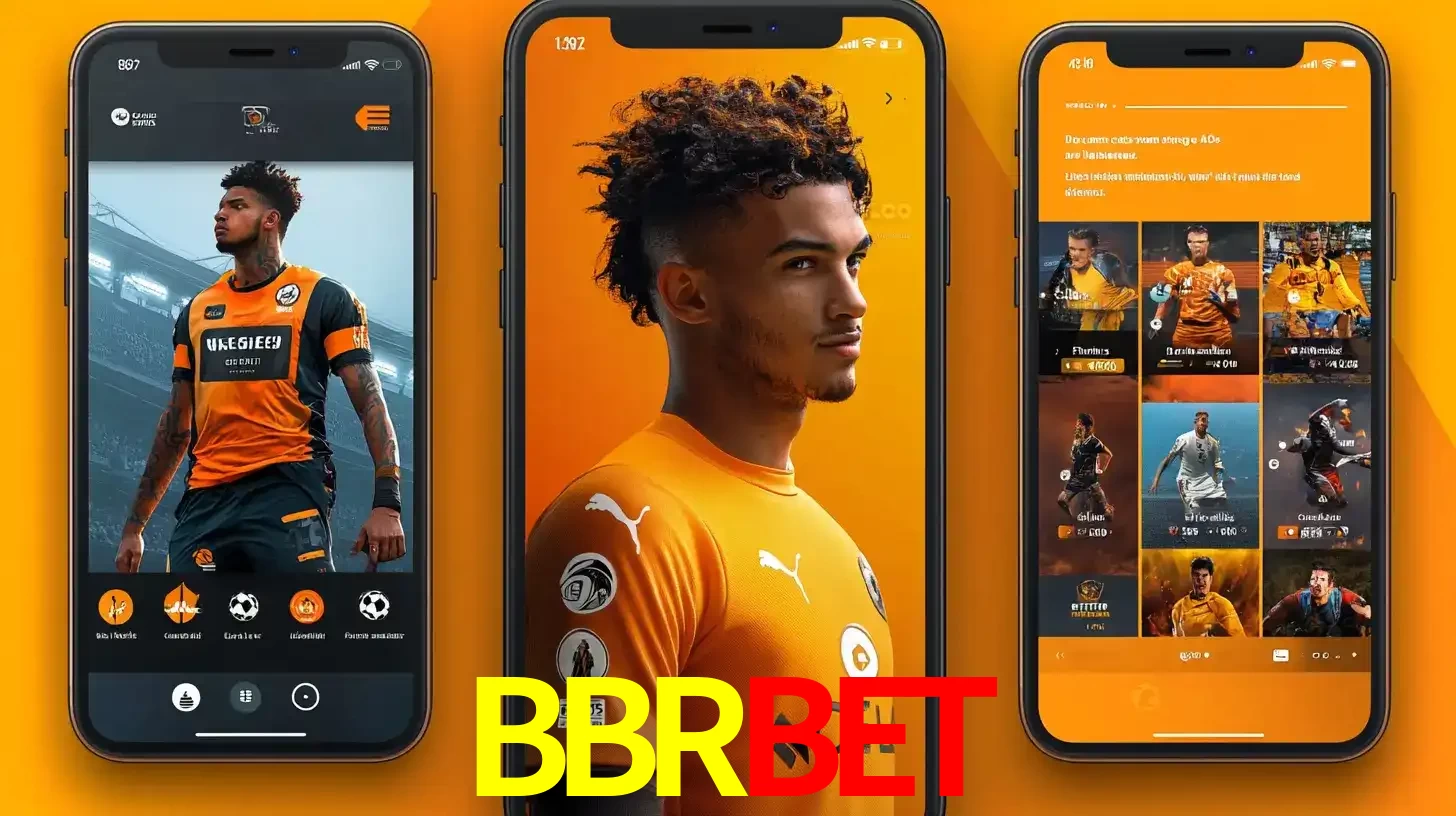 Interface do aplicativo de apostas esportivas BBRBET em três telas de celular, mostrando o perfil de um jogador de futebol e a lista de jogos disponíveis para apostar.