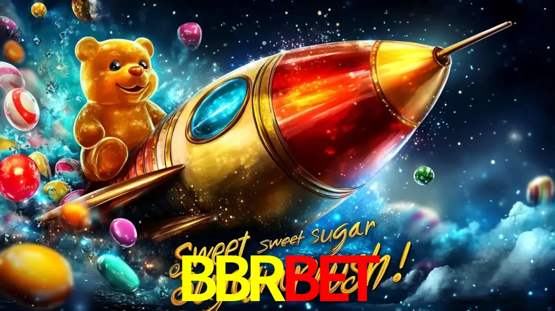 Arte promocional do jogo de slot Sugar Rush, com um urso de pelúcia em um foguete viajando pelo espaço de doces, um dos jogos divertidos disponíveis no cassino BBRBET.