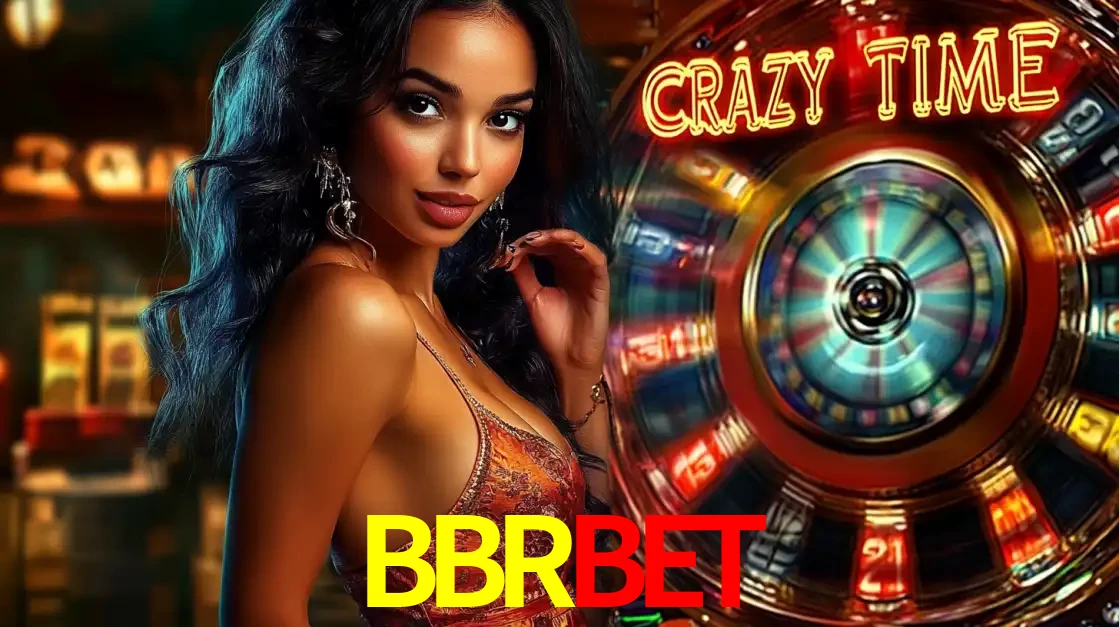 Mulher elegante ao lado da vibrante roda da fortuna do jogo de cassino ao vivo Crazy Time, um dos game shows mais populares e cheios de prêmios do BBRBET.
