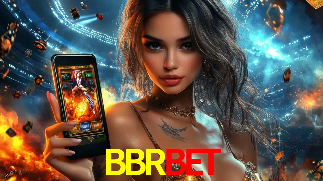 Mulher segurando um celular com um jogo de slot em destaque, tendo como fundo um estádio vibrante, simbolizando a emoção de jogar no cassino móvel BBRBET.
