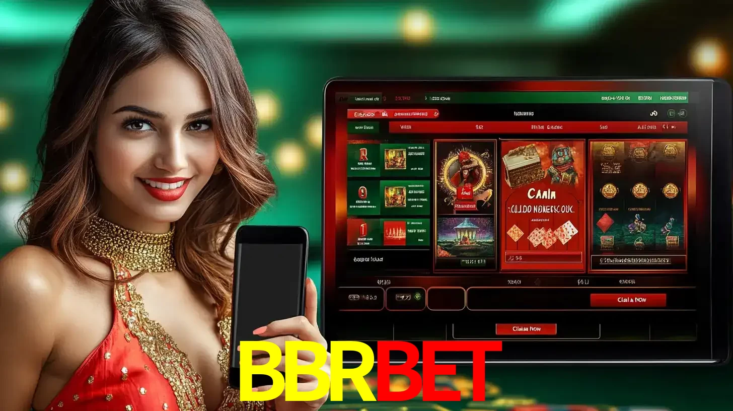 Mulher sorridente segurando um smartphone, ao lado de uma tela exibindo o lobby de jogos do cassino online BBRBET, com várias opções de jogos de cartas e slots.